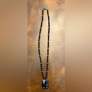 Black Vintage  Onyx Beaded Necklace with black gold Elephant Pendant 24 inch